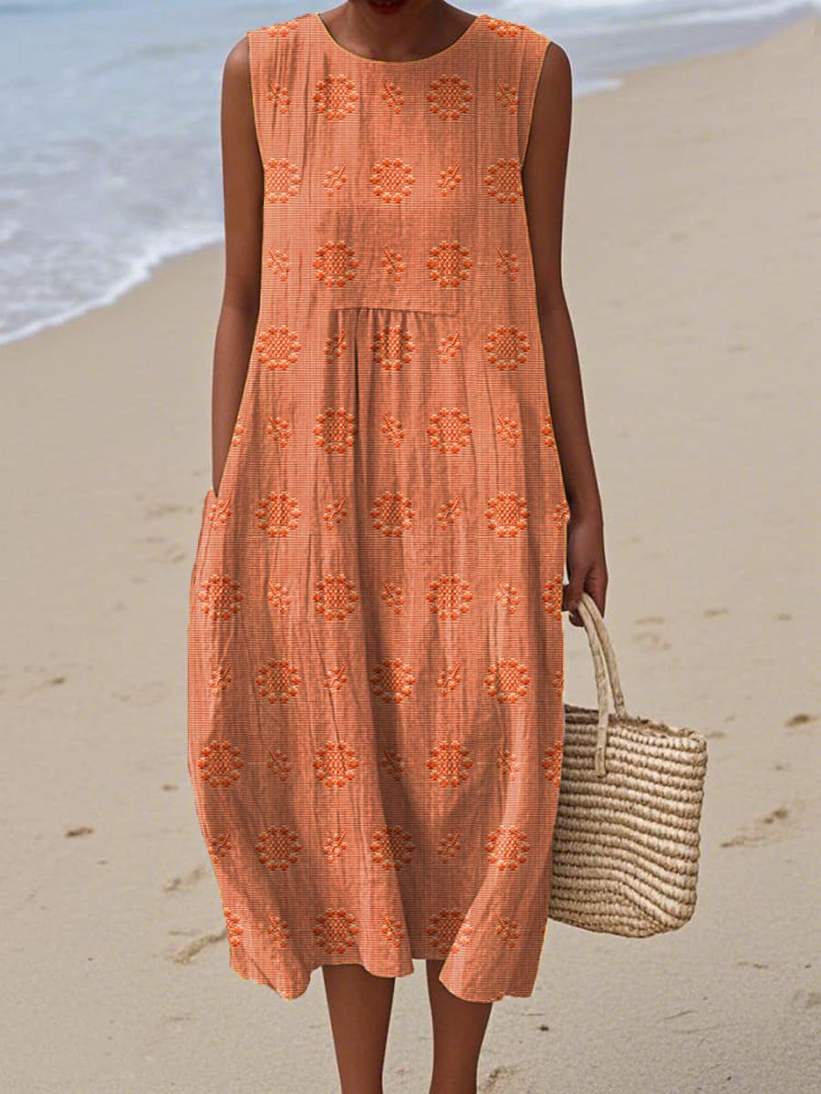 Maria | Women's Sleeveless Midi Dress with Texture and Pockets