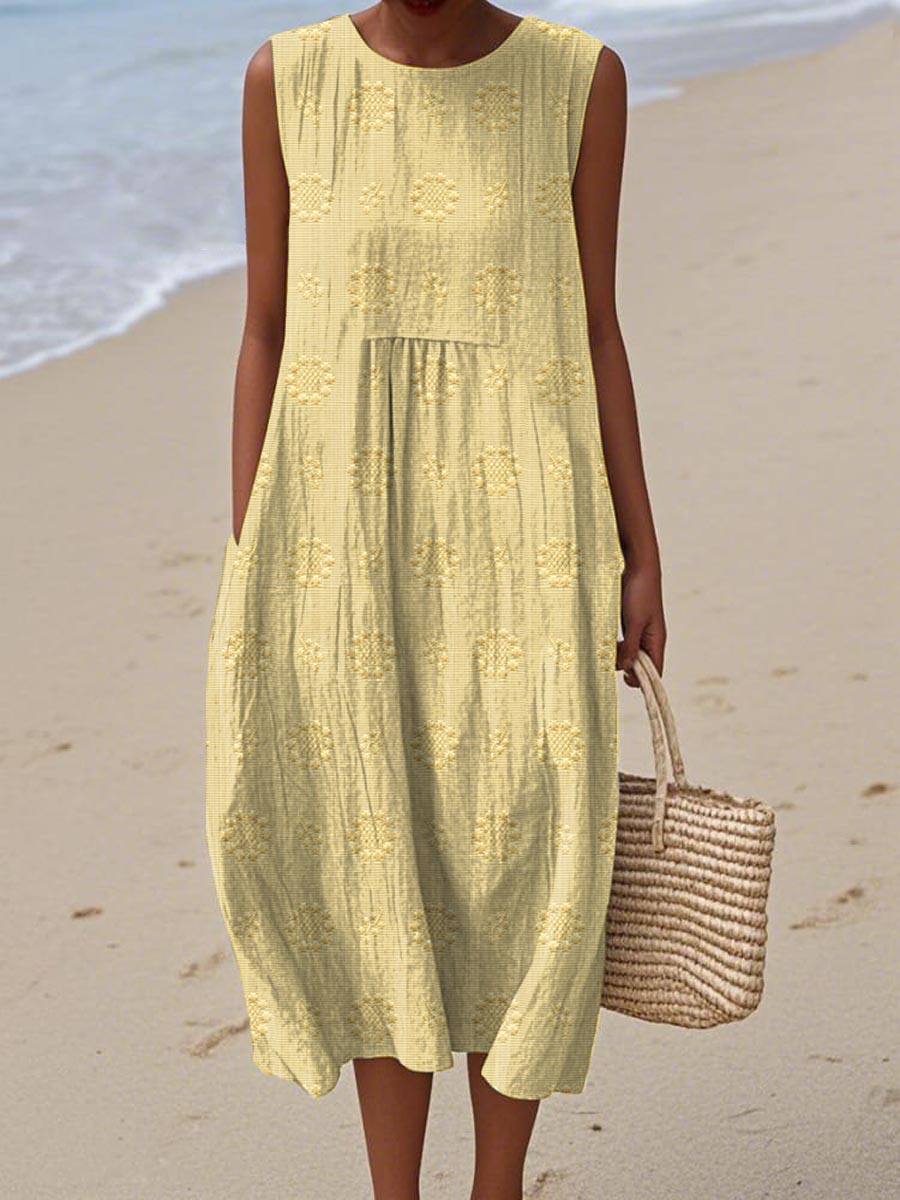 Maria | Women's Sleeveless Midi Dress with Texture and Pockets