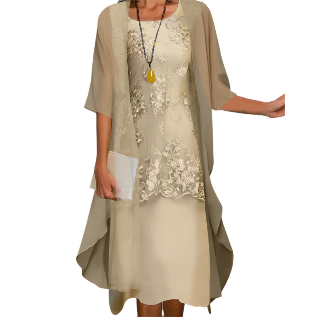 Annika | Women's Wedding Guest Dress Flowing Midi Dress with Sheer Sleeves