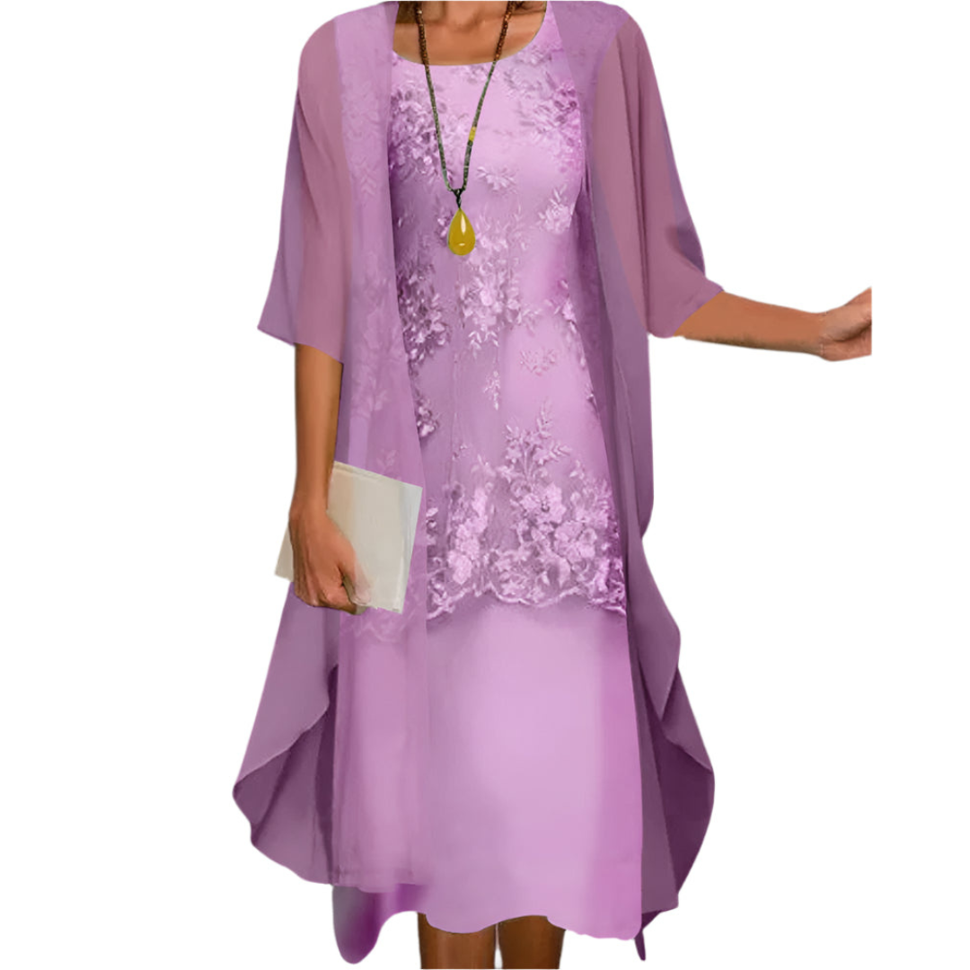 Annika | Women's Wedding Guest Dress Flowing Midi Dress with Sheer Sleeves