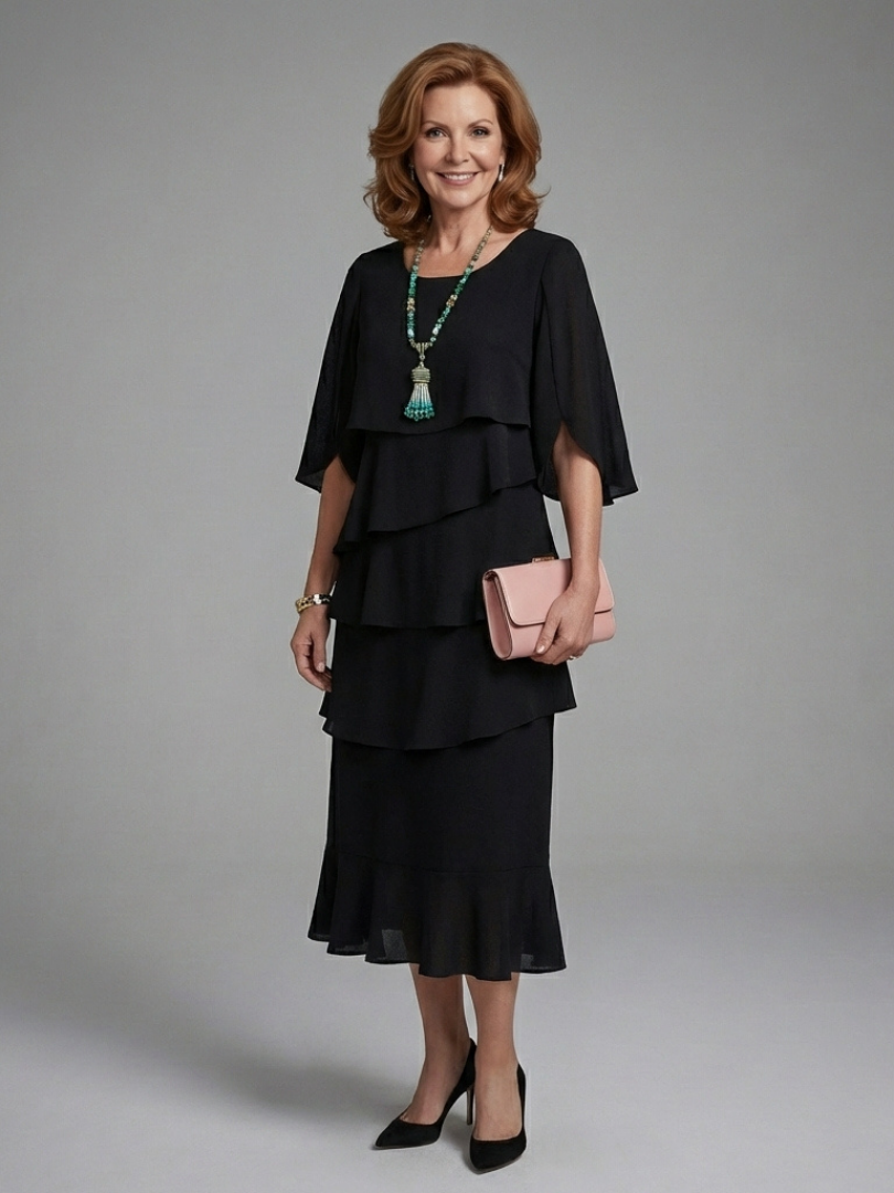Maelis | Layered Cape Sleeve Midi Dress