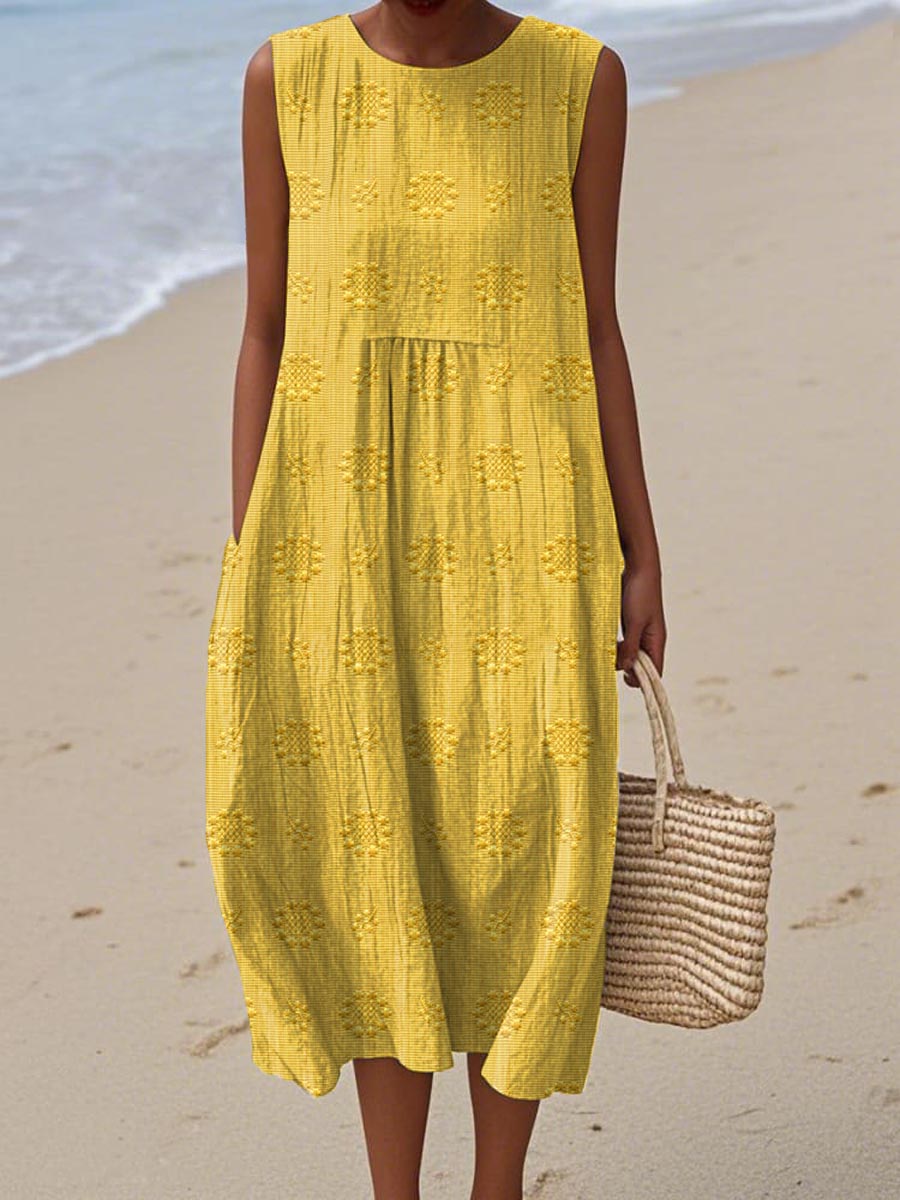 Maria | Women's Sleeveless Midi Dress with Texture and Pockets