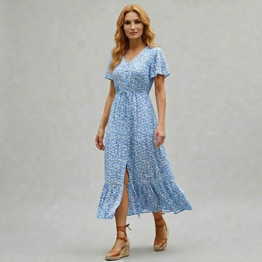 Elegant Floral Maxi Dress with V-Neck