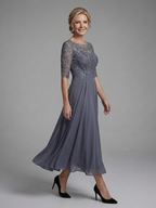 Olivine | Lace Bodice Sheer Sleeve Midi Dress