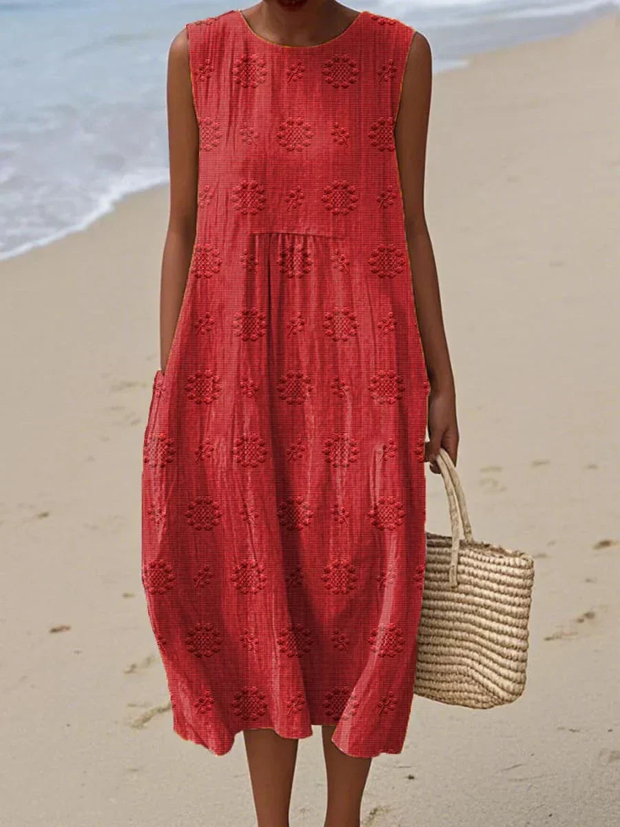 Maria | Women's Sleeveless Midi Dress with Texture and Pockets