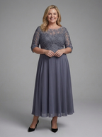 Olivine | Lace Bodice Sheer Sleeve Midi Dress