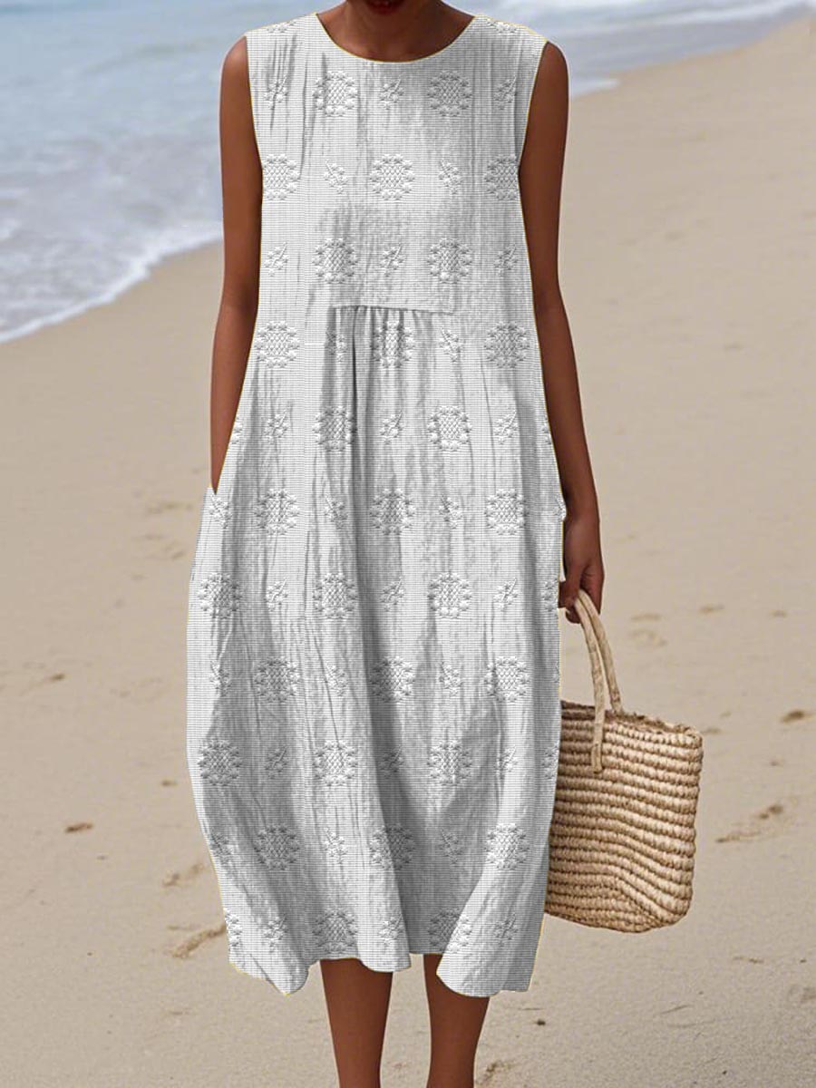 Maria | Women's Sleeveless Midi Dress with Texture and Pockets