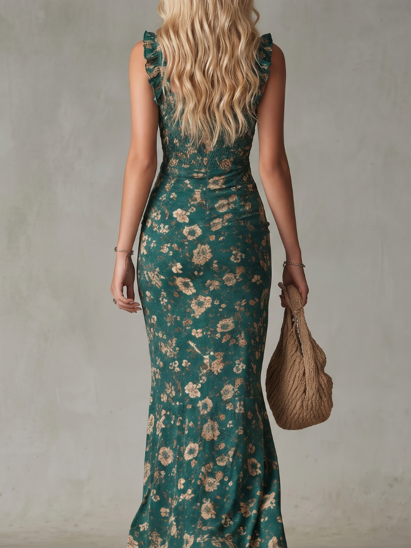 Cilla | Smocked Bodice Ruffle Strap High Slit Midi Dress