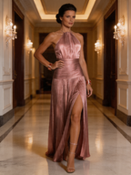 Tatiani | Halter Neck Pleated High Slit Maxi Dress