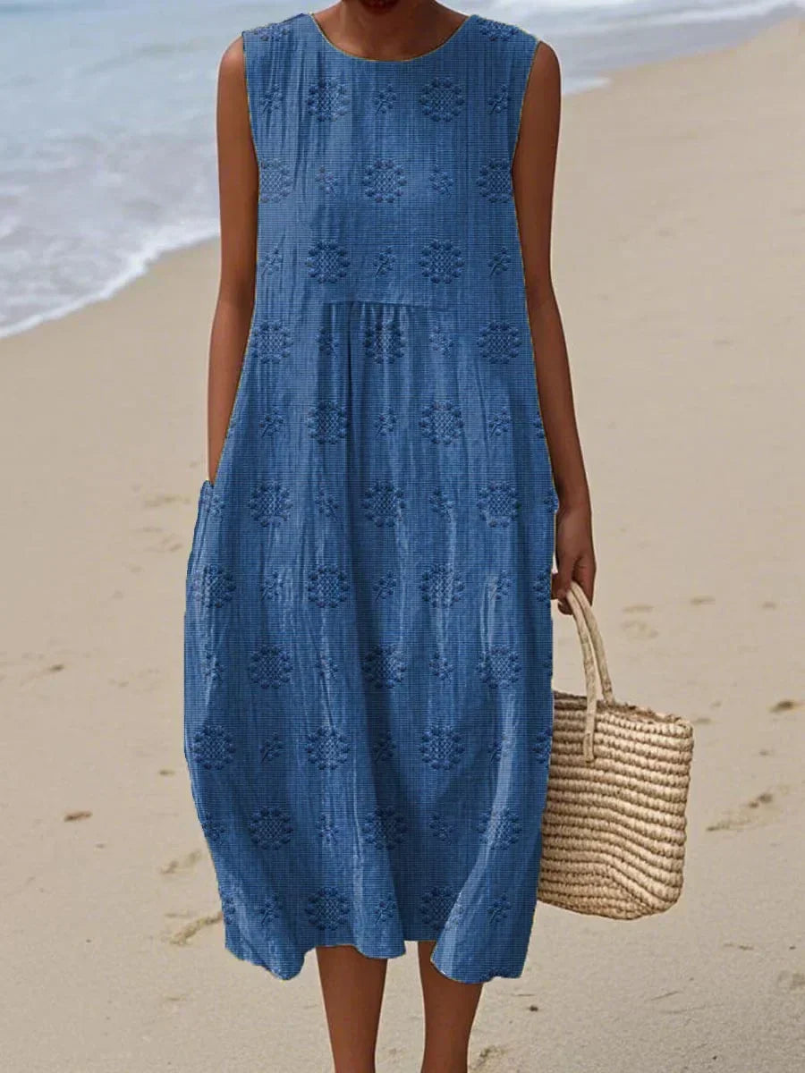 Maria | Women's Sleeveless Midi Dress with Texture and Pockets