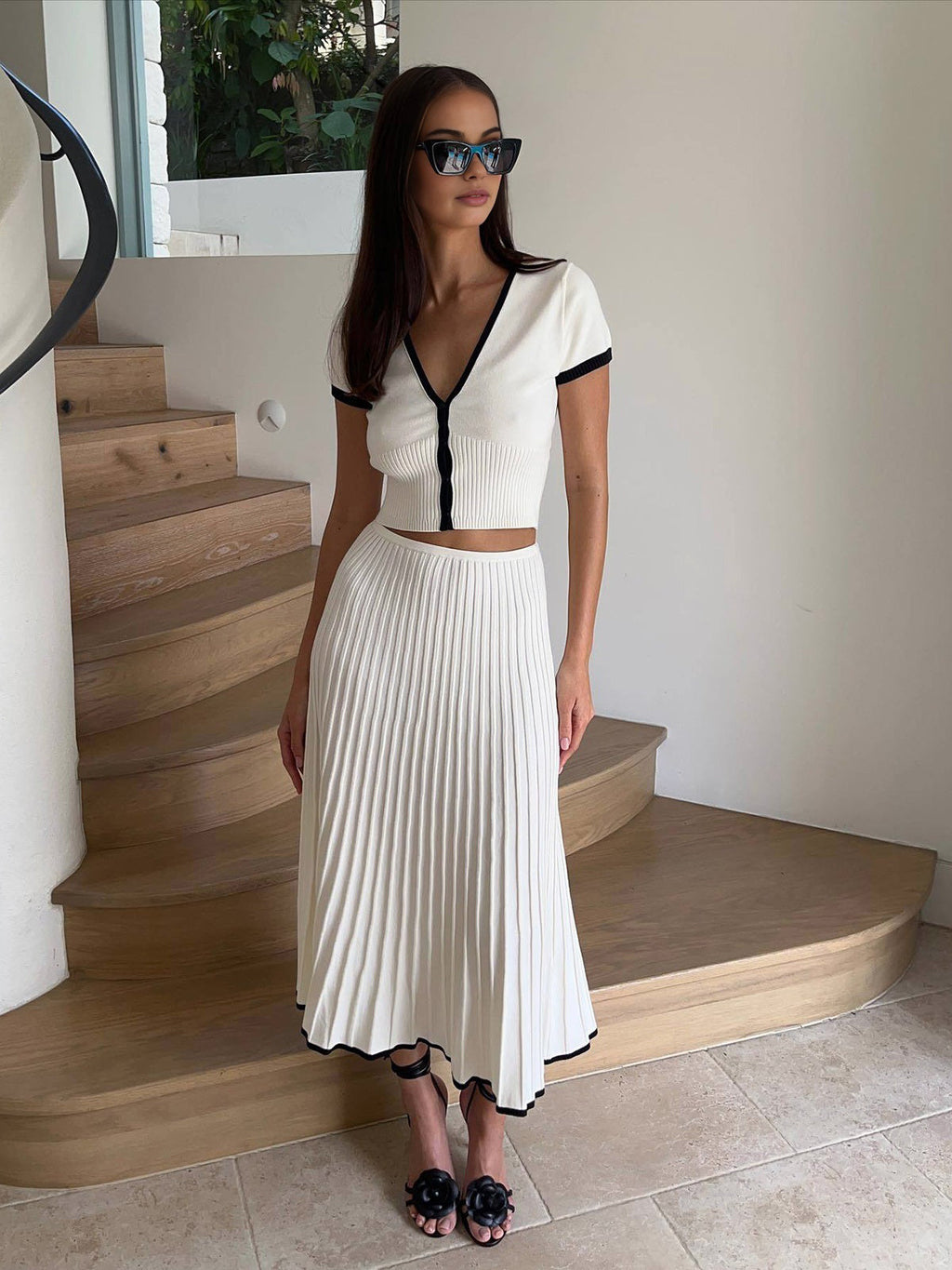 Knit Co-Ord Skirt Set – Contrast Trim Jumper & Midi Skirt Set