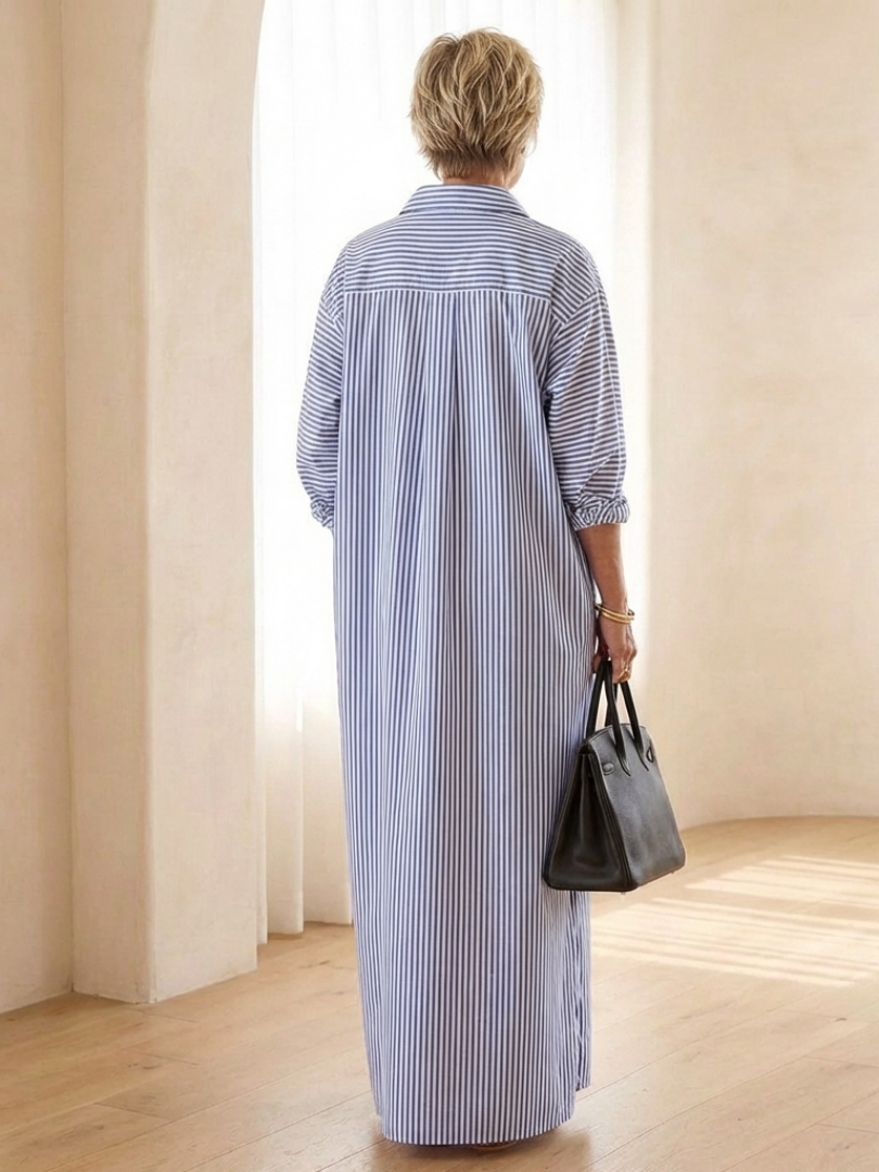 Serina | Striped Long Sleeve Collar Maxi Shirt Dress