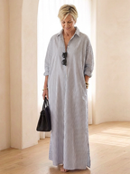 Serina | Striped Long Sleeve Collar Maxi Shirt Dress