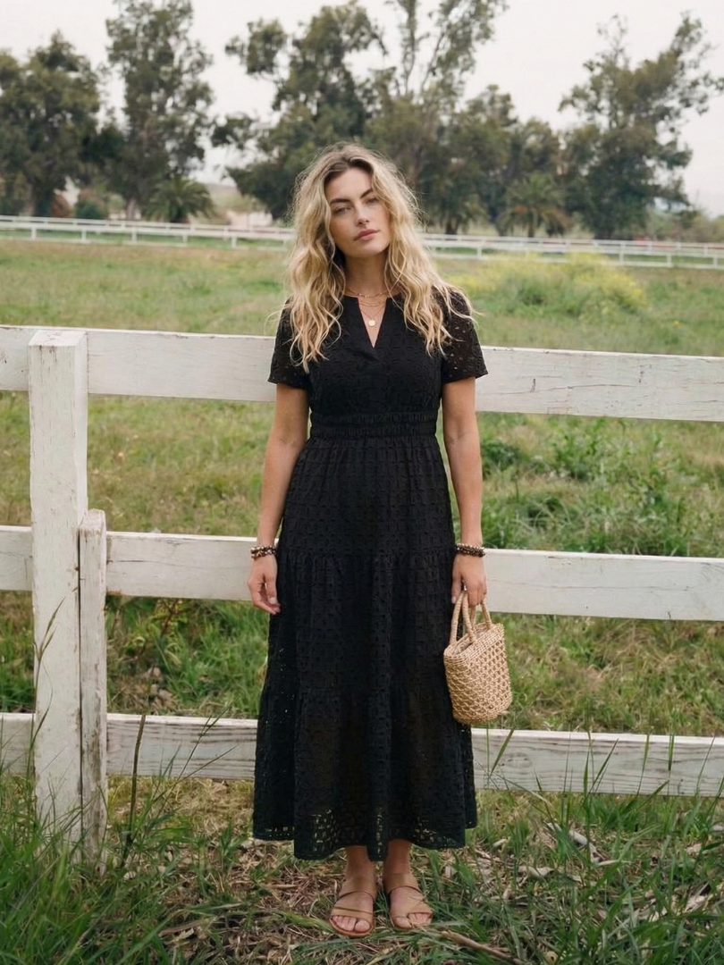 Odelisse | Short Sleeve Eyelet Tiered Midi Dress