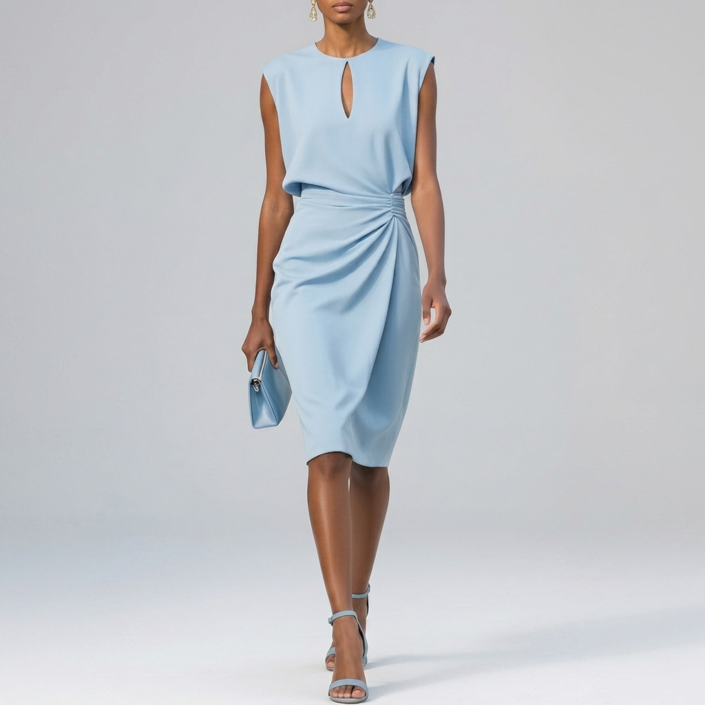 Women's Elegant Midi Dress with Keyhole Neckline and Ruched Waist
