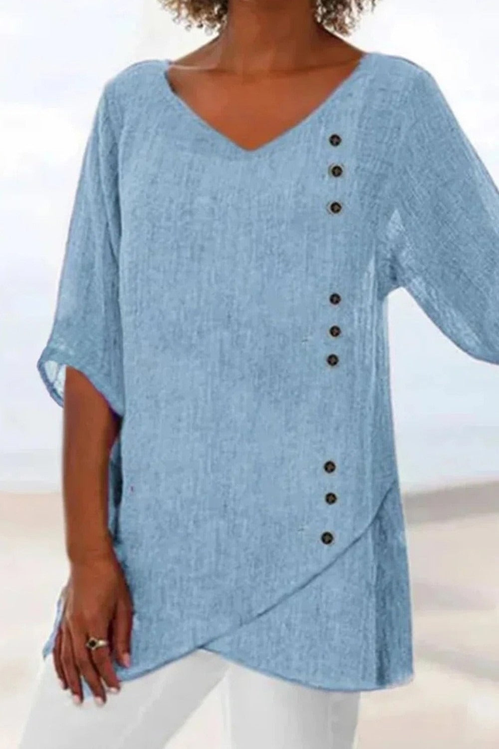 V Neck Solid Half Sleeves with Buttons Casual Blouse & Tops