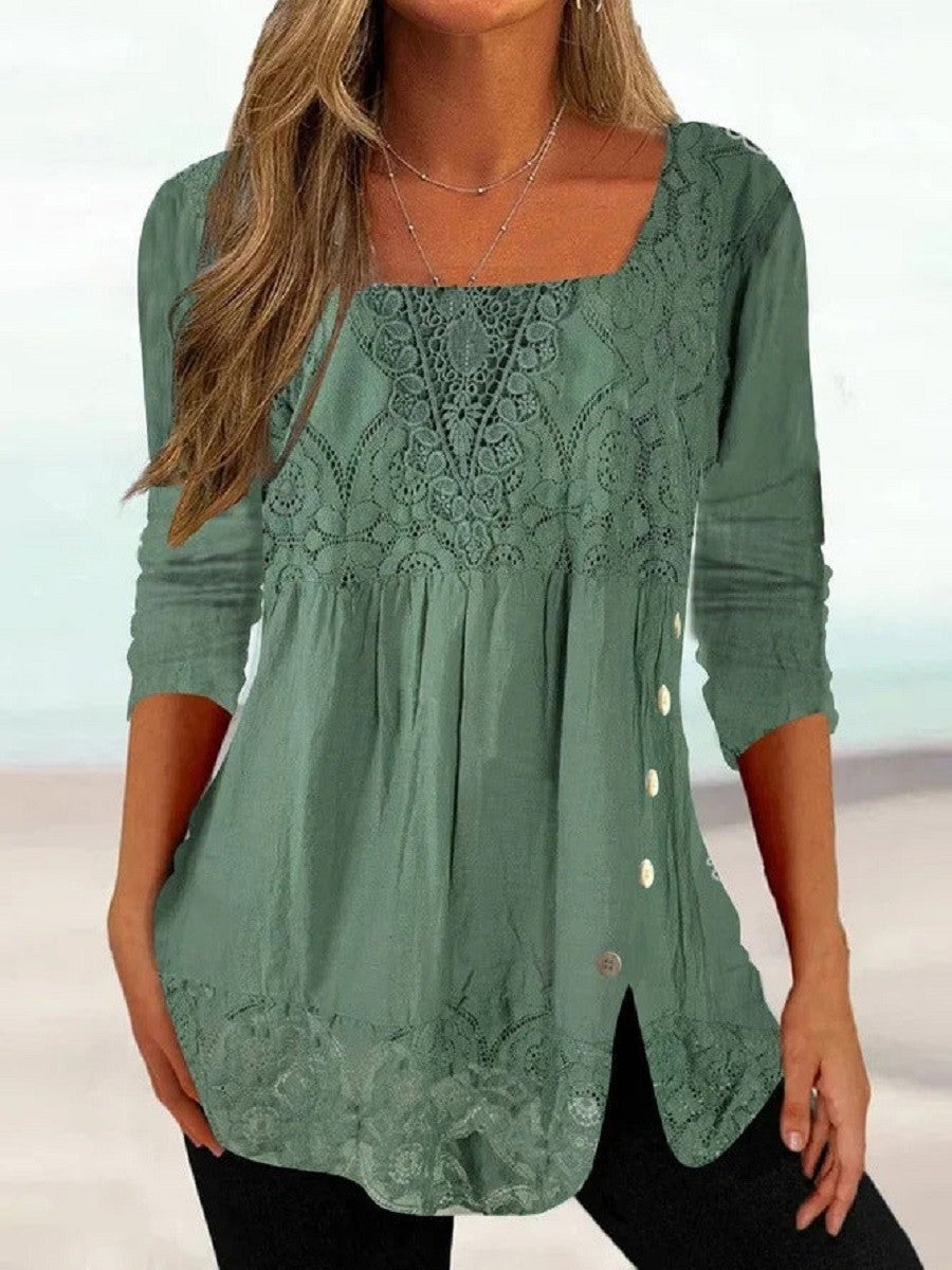 Ethnic Solid Colour Casual Square Neck Lace Long Sleeves Blouse