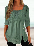 Ethnic Solid Colour Casual Square Neck Lace Long Sleeves Blouse