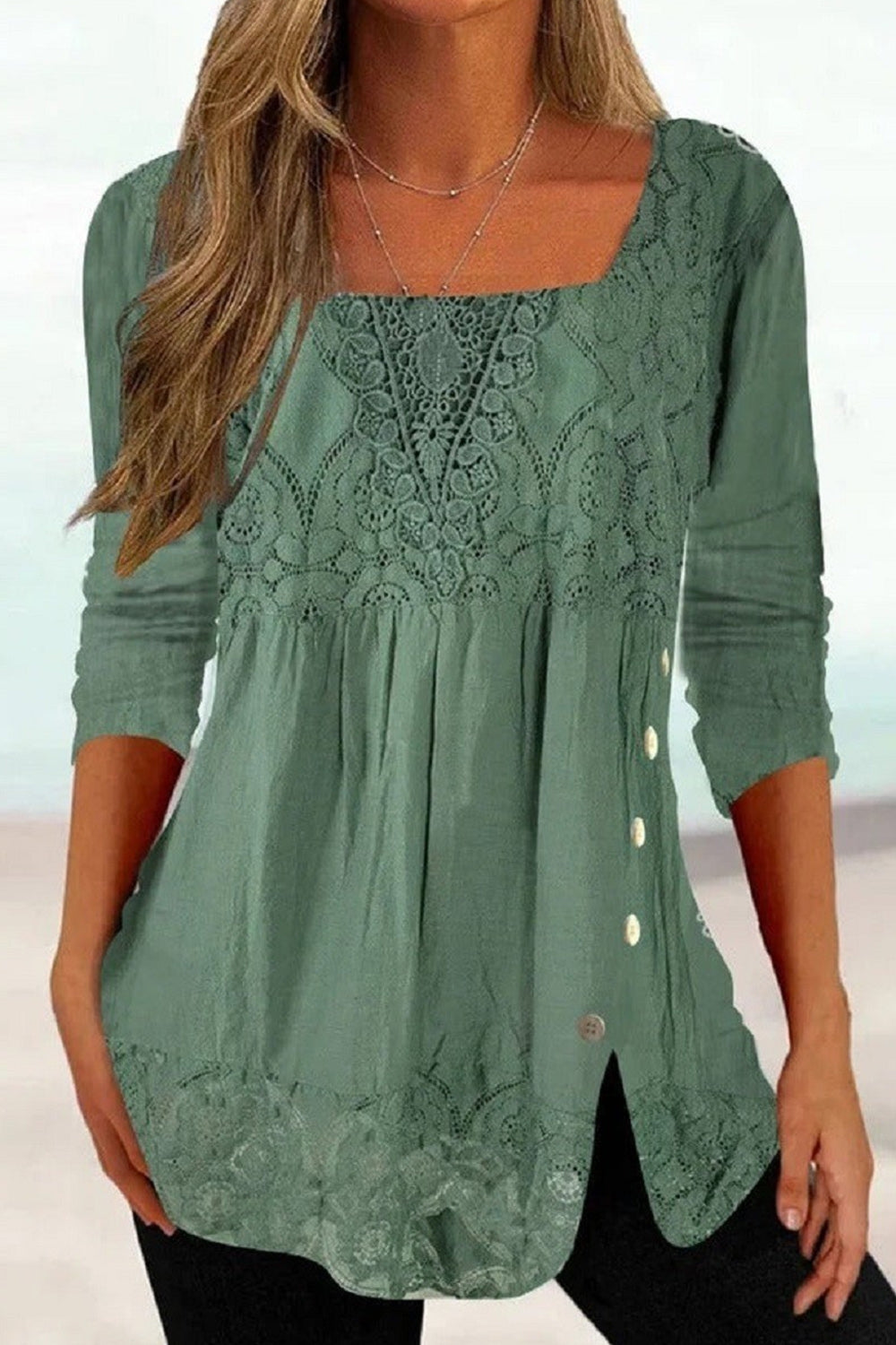 Ethnic Solid Colour Casual Square Neck Lace Long Sleeves Blouse