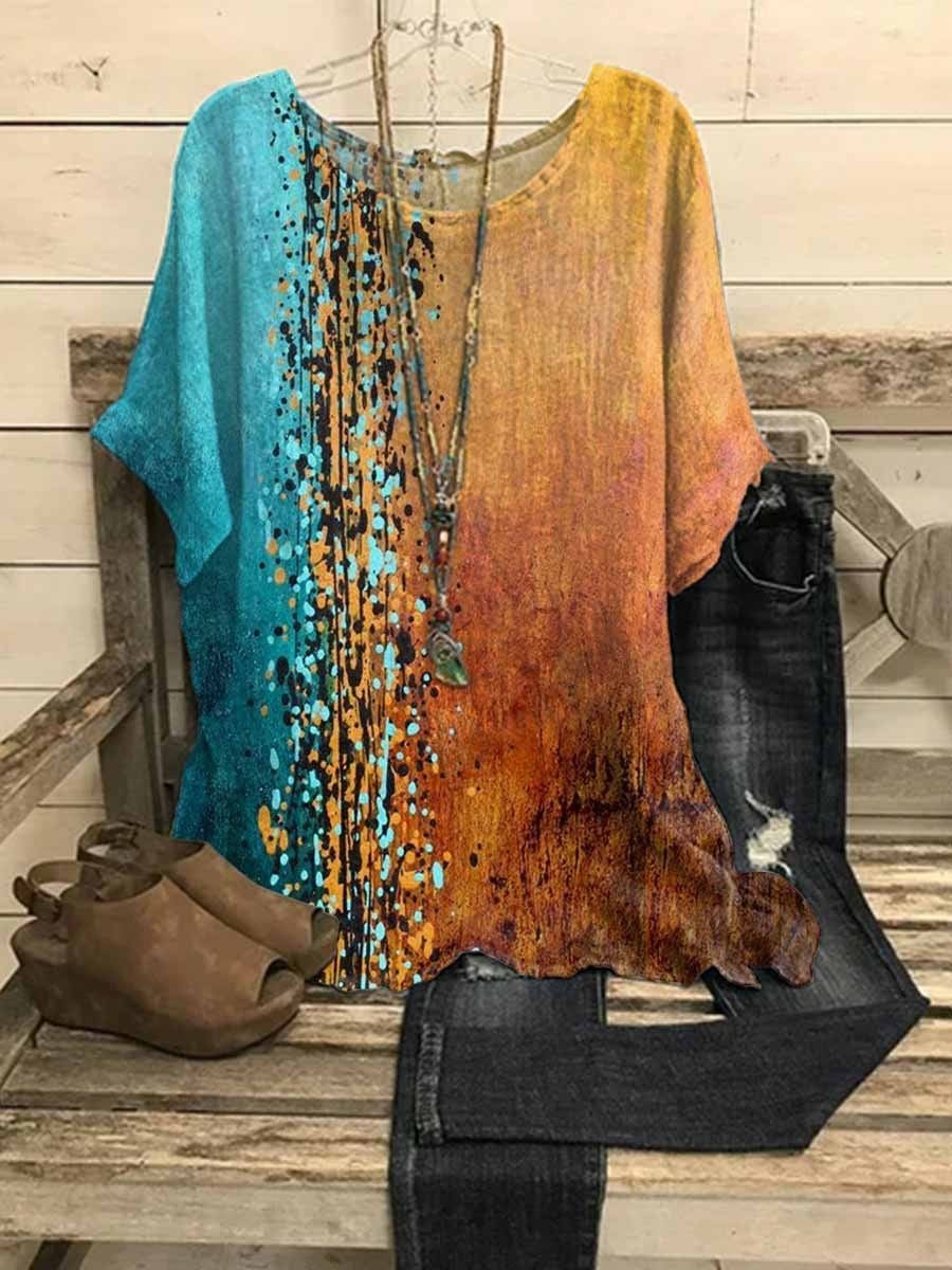 Colourful Casual Graphic Round Neck Half Sleeve Splicing Blouse