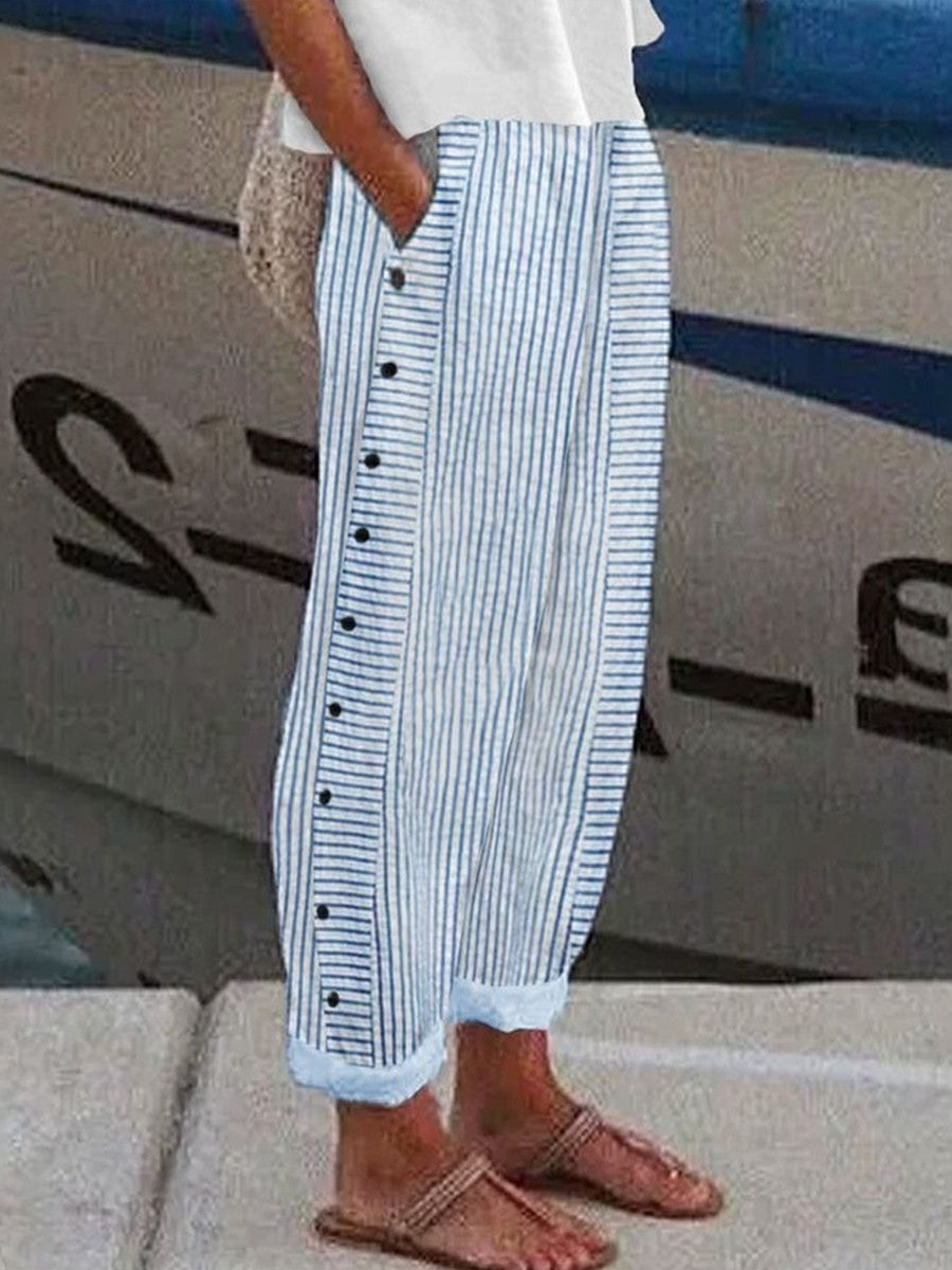 Blue Stripe Print Side Pocket Trousers