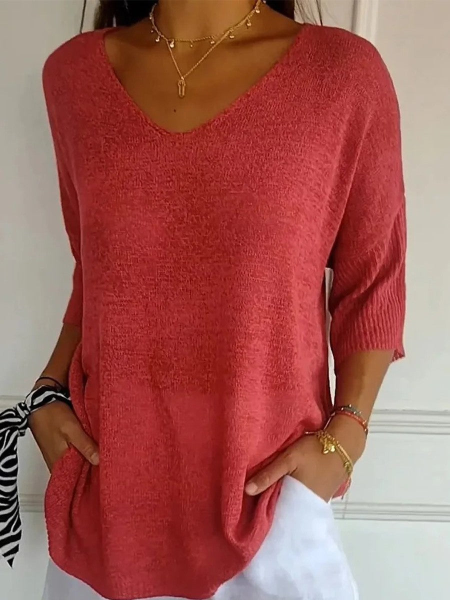 Solid Colour Knitted V-Neck Sweater