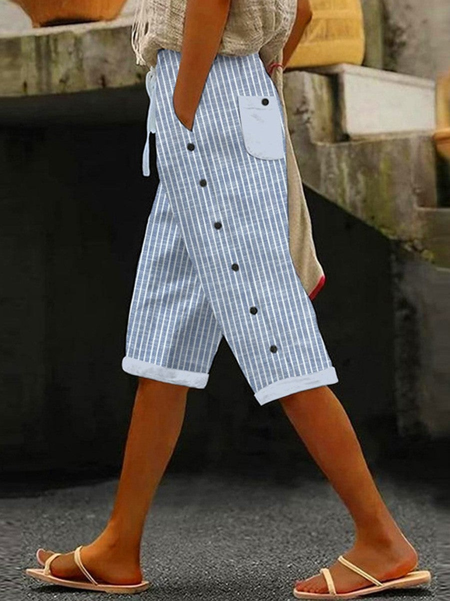 Blue Striped Print Side Pocket Cropped Trousers
