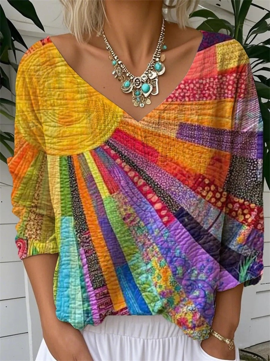 Casual Print V-neck Long Sleeve Loose Tops