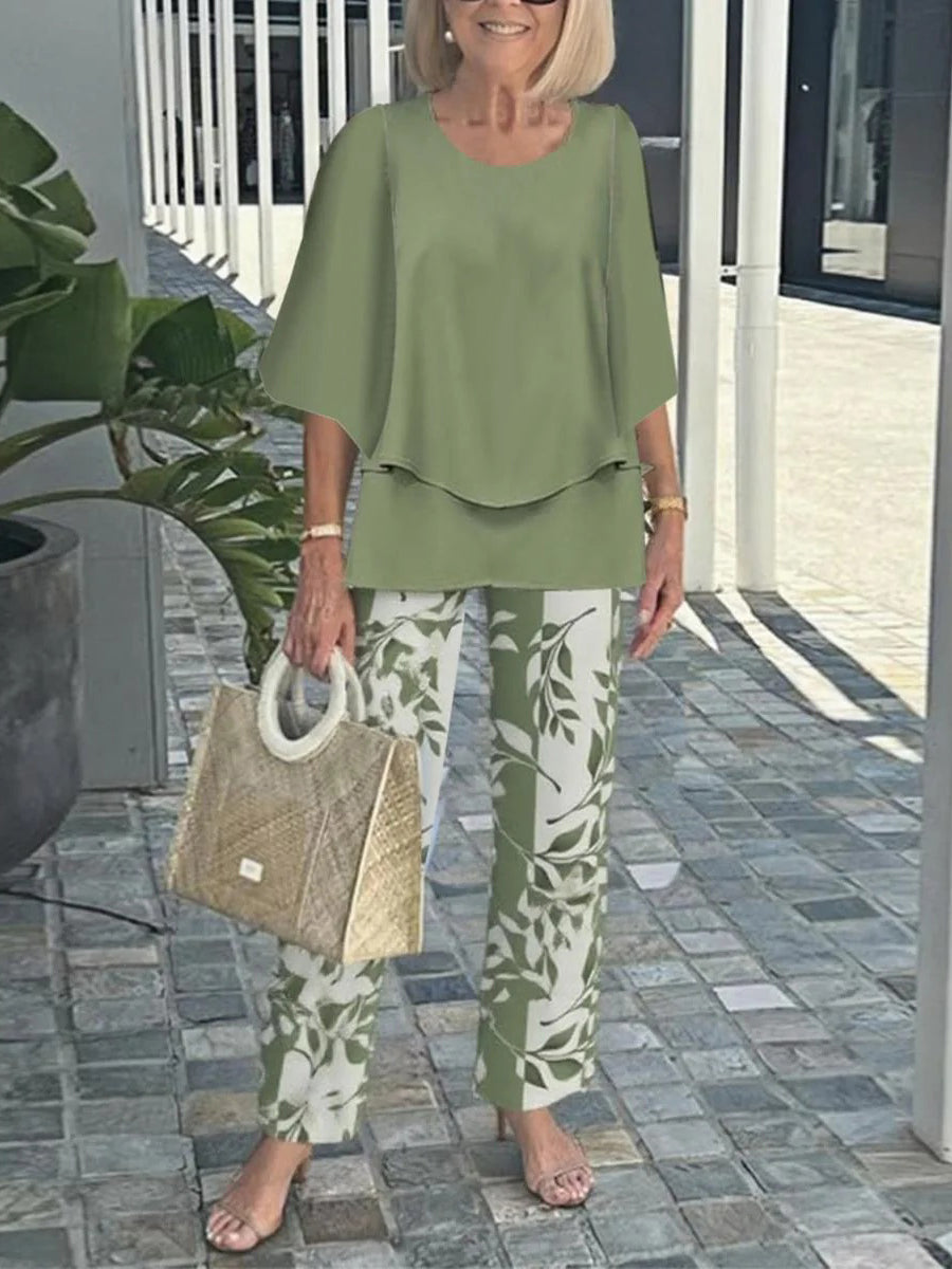 Casual Crew Neck 3/4 Sleeve Layered Hem Tops and Leaf Loose Pants Two Piece Set
