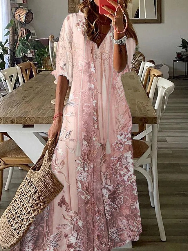 Lace Floral Print V Neck Casual Loose Half Sleeves Maxi Dress