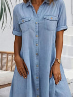 Cotton Buckle Loose Shirt Collar Short Dress