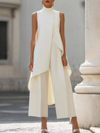 Annika | Women's Asymmetrical High Neck Sleeveless Wide-Leg Two-Piece Set