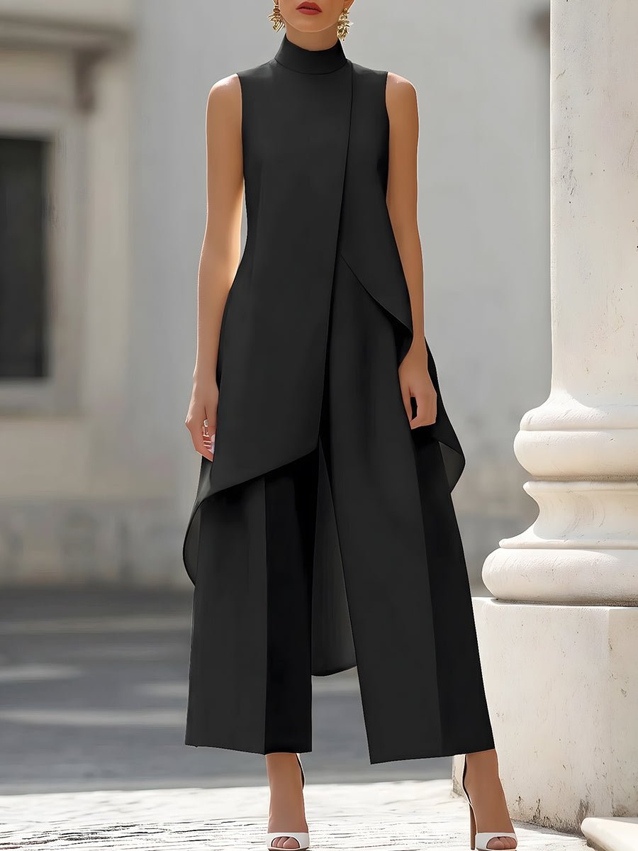 Annika | Women's Asymmetrical High Neck Sleeveless Wide-Leg Two-Piece Set