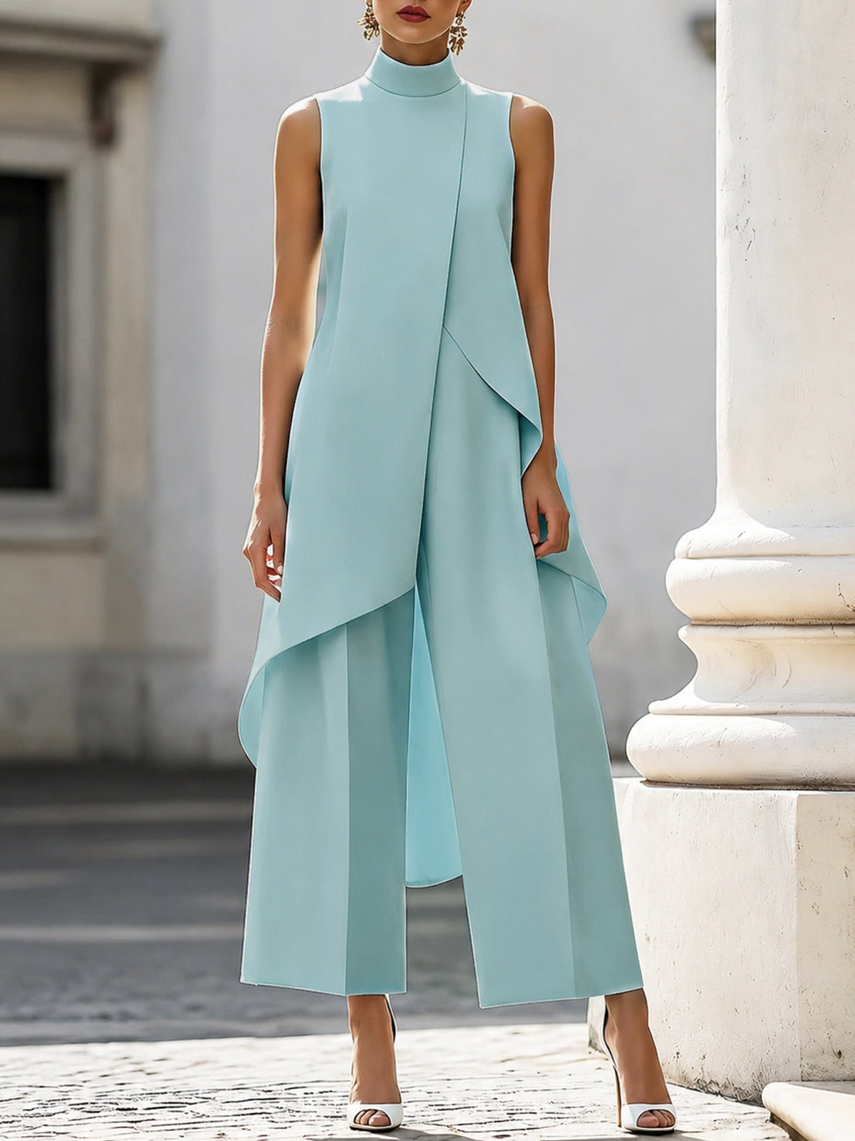 Annika | Women's Asymmetrical High Neck Sleeveless Wide-Leg Two-Piece Set