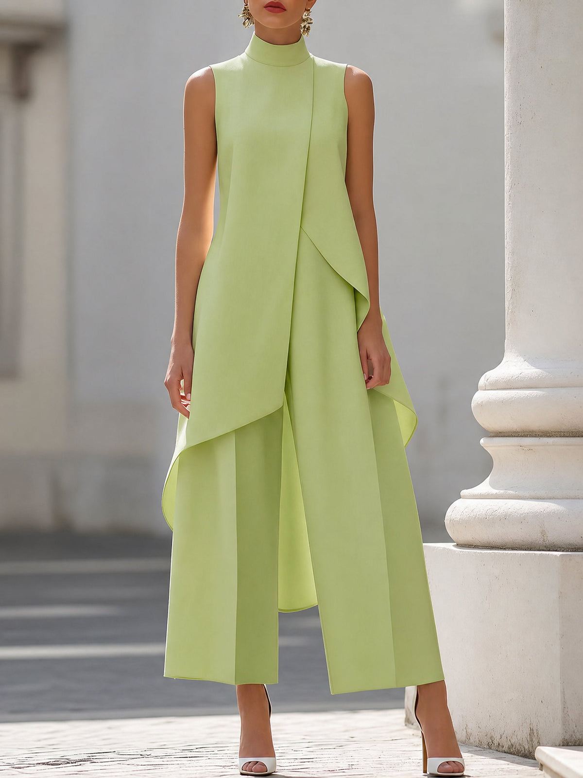Annika | Women's Asymmetrical High Neck Sleeveless Wide-Leg Two-Piece Set
