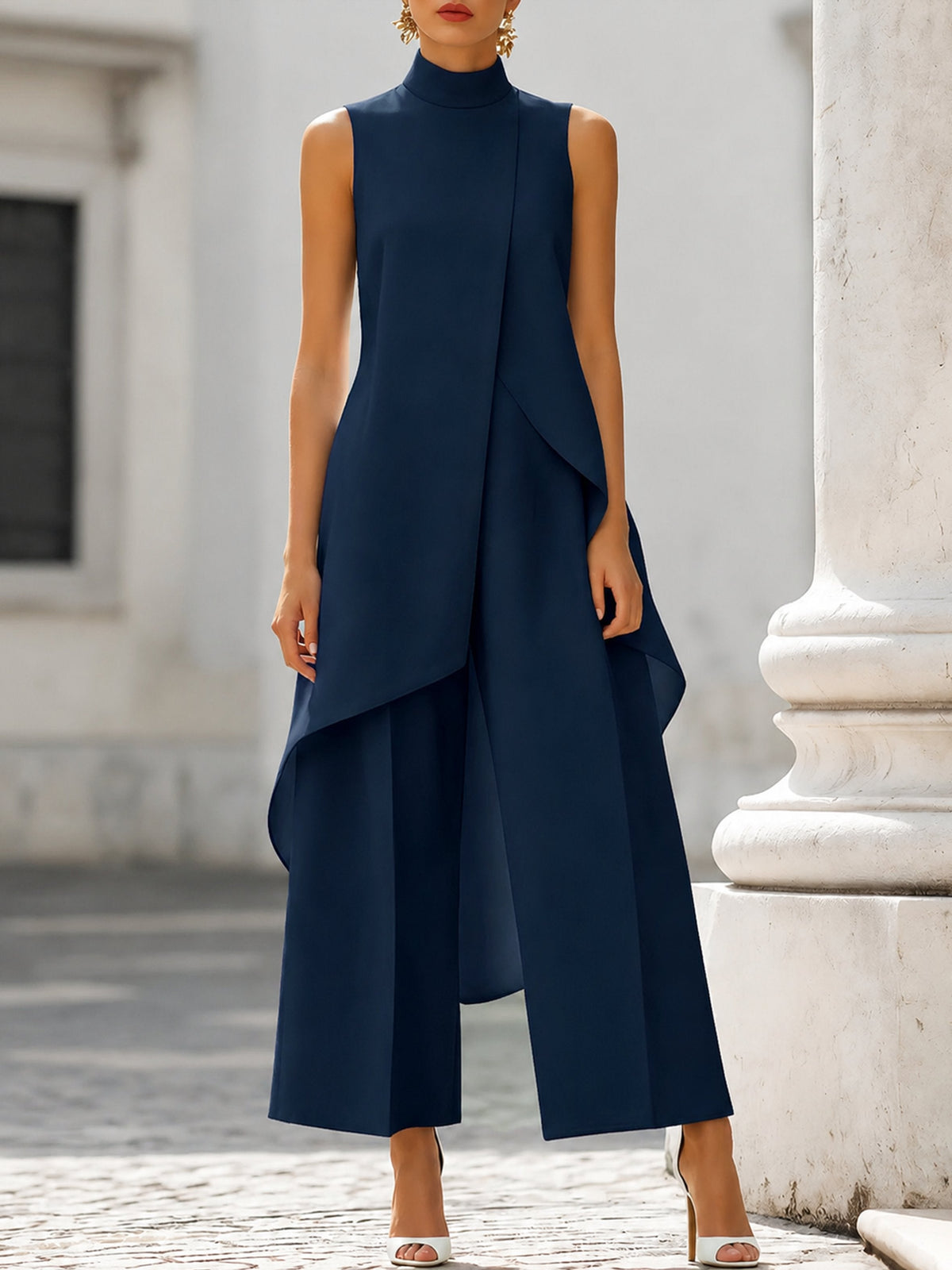 Annika | Women's Asymmetrical High Neck Sleeveless Wide-Leg Two-Piece Set