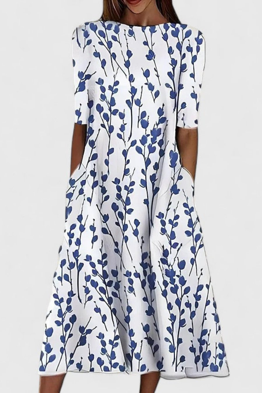 Amelie | Women's Cotton A-Line Floral Round Neck Midi Dress