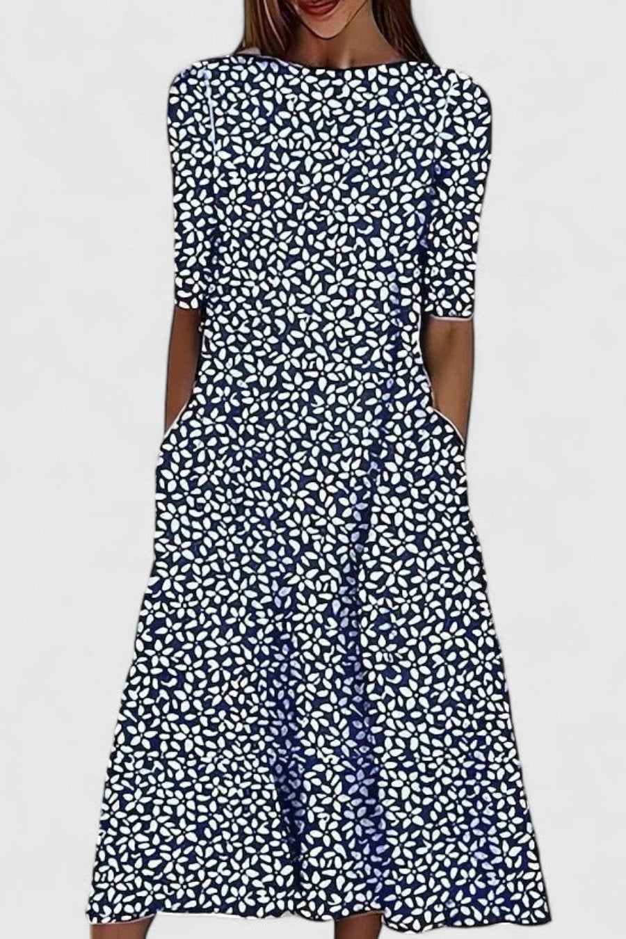 Amelie | Women's Cotton A-Line Floral Round Neck Midi Dress