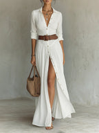 Marie | Women's Boho Maxi Shirt Dress with Button Placket and Belt
