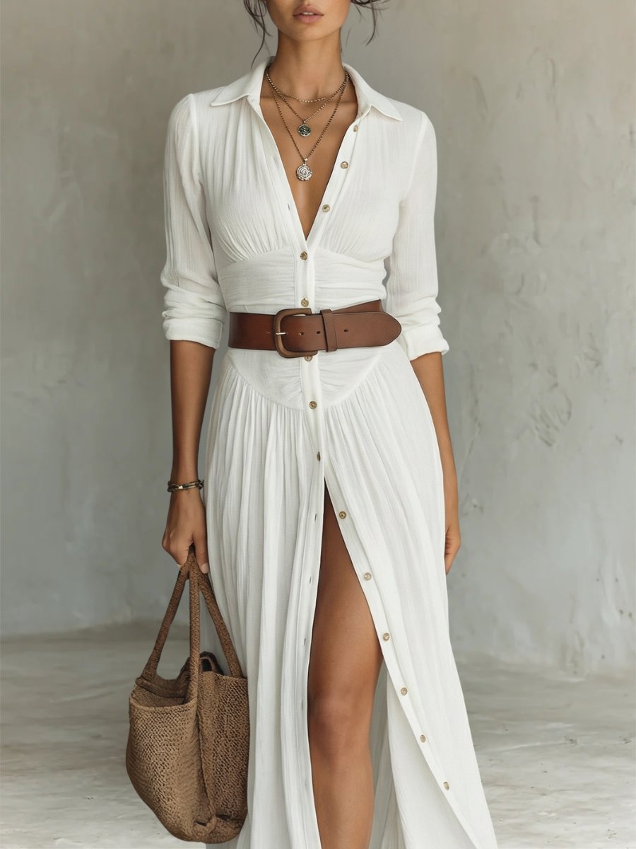 Marie | Women's Boho Maxi Shirt Dress with Button Placket and Belt