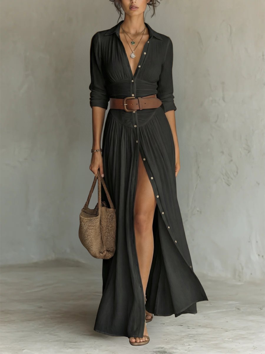 Marie | Women's Boho Maxi Shirt Dress with Button Placket and Belt