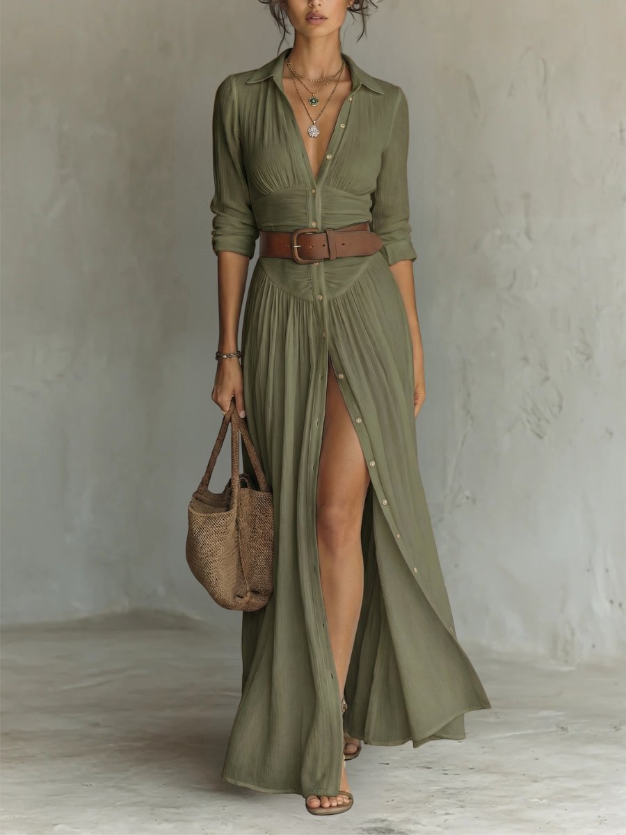 Marie | Women's Boho Maxi Shirt Dress with Button Placket and Belt