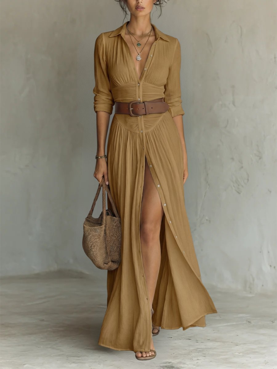 Marie | Women's Boho Maxi Shirt Dress with Button Placket and Belt