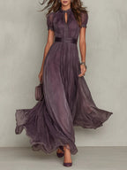 Clara | Women's Short Sleeve Keyhole Maxi Dress with Flowing Chiffon Skirt