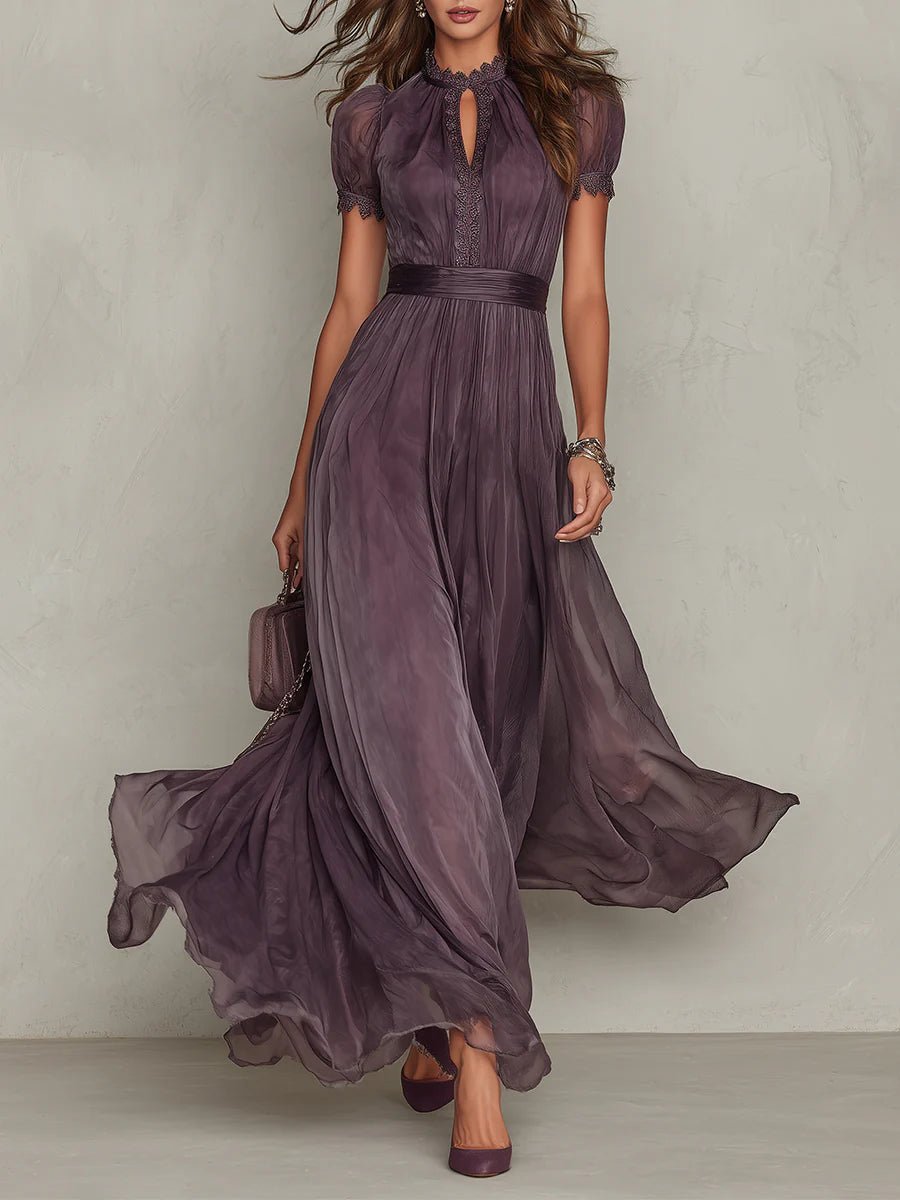 Clara | Women's Short Sleeve Keyhole Maxi Dress with Flowing Chiffon Skirt