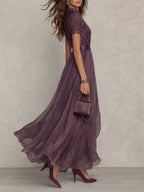 Clara | Women's Short Sleeve Keyhole Maxi Dress with Flowing Chiffon Skirt