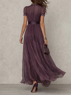 Clara | Women's Short Sleeve Keyhole Maxi Dress with Flowing Chiffon Skirt