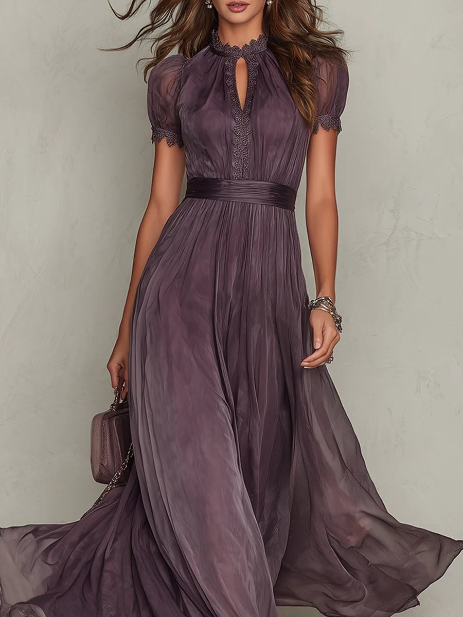 Clara | Women's Short Sleeve Keyhole Maxi Dress with Flowing Chiffon Skirt