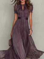 Clara | Women's Short Sleeve Keyhole Maxi Dress with Flowing Chiffon Skirt