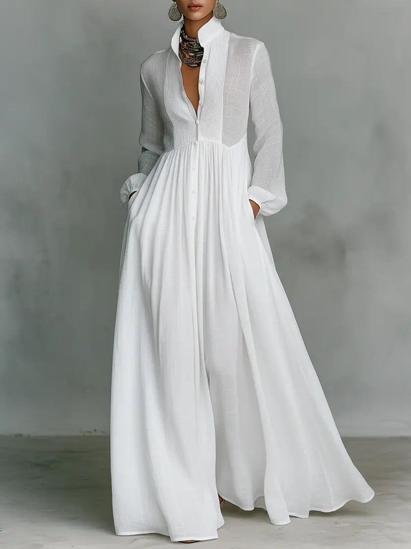 Nora | Women's Linen-Cotton Stand Collar Button-Down Maxi Dress